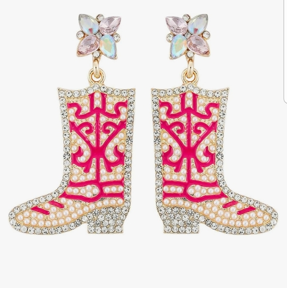 Jewelry - Rose Pink Gold Cowgirl Boots Western Earrings Pearls & Rhinestone Rodeo